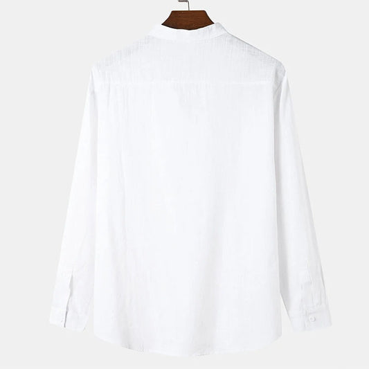 Men's Casual Stand-up Collar Door Barrel Solid Color Long-sleeved Shirt