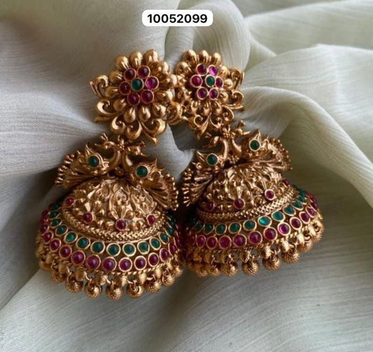 Kerala Style Traditional Matte Gold Jhumka Earrings with Pearl Drops – Antique Finish