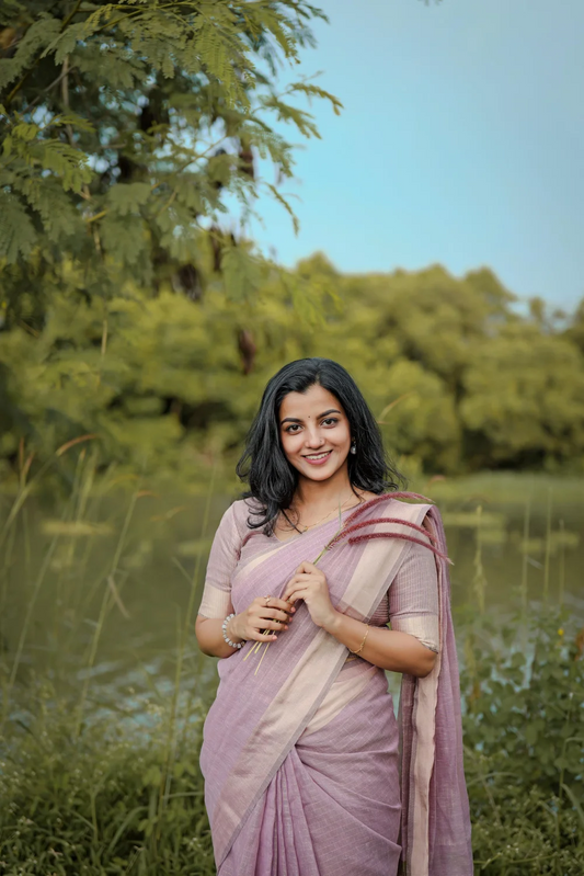 Premium Tissue Cotton Blend Traditional Saree -Lavender Pink, Solid Pattern