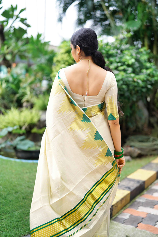 Premium Temple Golden Tissue Saree – Bottle Green, 6.25 Meters | Velocentra Hub