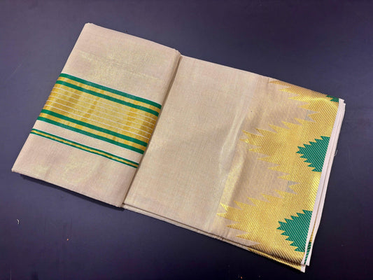 Premium Temple Golden Tissue Saree – Bottle Green, 6.25 Meters | Velocentra Hub